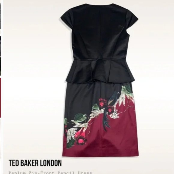 Ted Baker Black Red Jaunel Satin Bejewelled Shadow Peplum Dress size 1 nwot - Picture 9 of 9